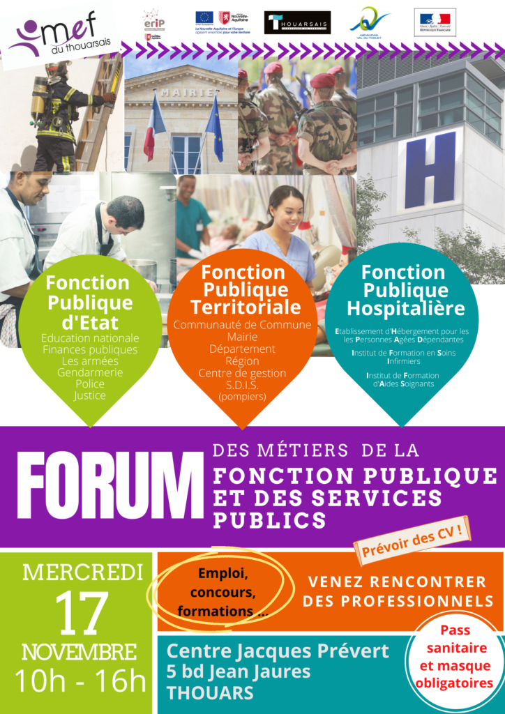 Forum de la fonction publique et des services publics organisé la MEF du Thouarsais se tiendra le mercredi 17 novembre à la salle Jacques Prévert à Thouars